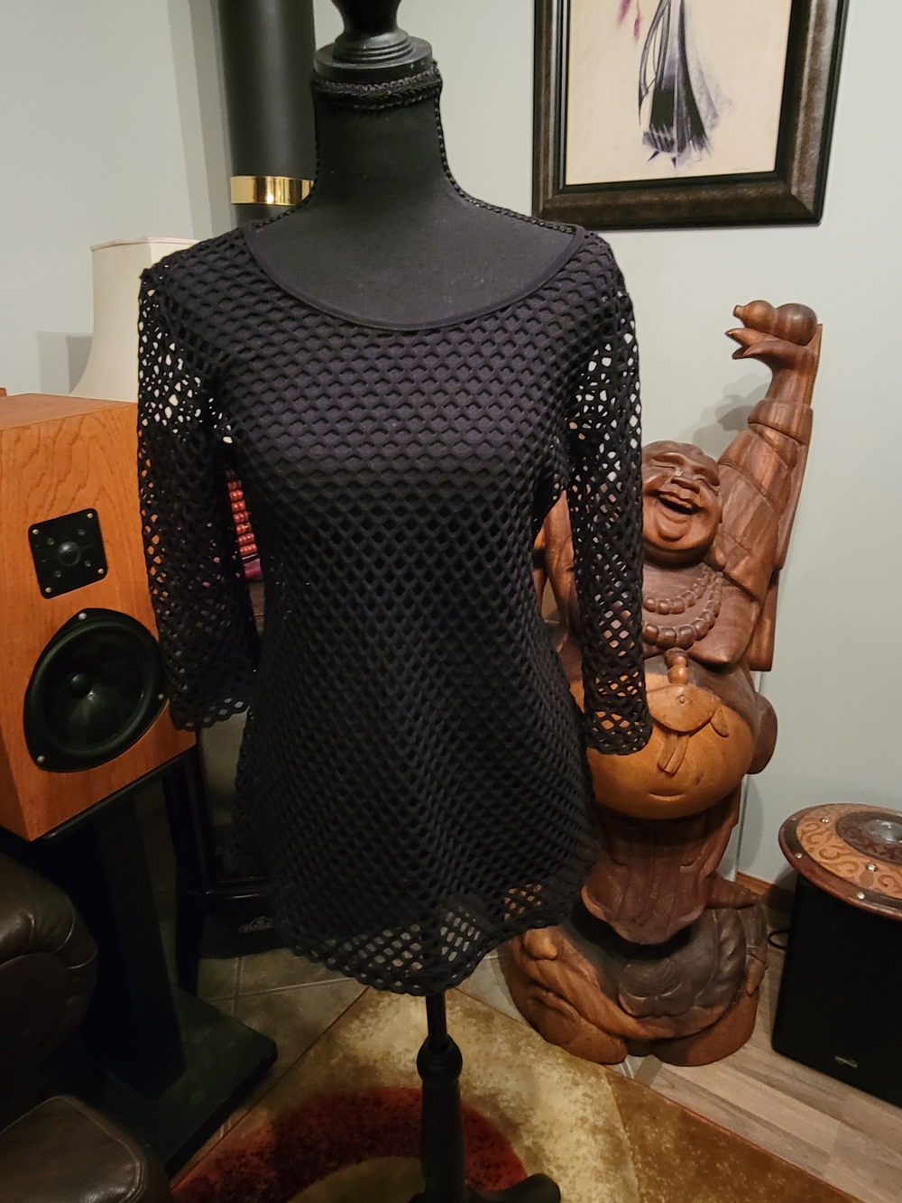 Black Mesh Knit Tunic Top with Three-Quarter Sleeves